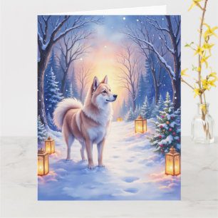 Friedlicher Akita auf Schneelaternenweg Weihnachts Karte