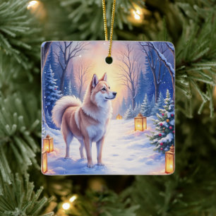 Friedlicher Akita auf Schneelaternenweg Weihnachts Keramikornament