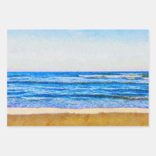 Friedlicher Aquarell Blue Ocean & Sandy Beach Geschenkpapier Set