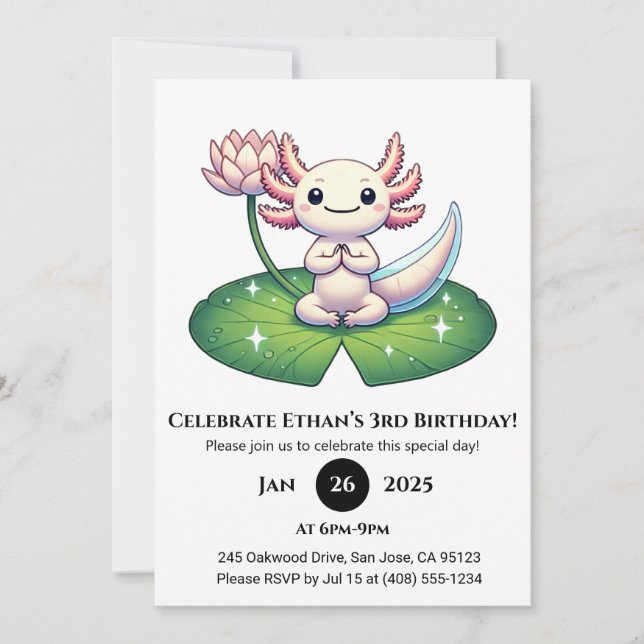 Friedlicher Axolotl zum Geburtstag von Lotus Leaf Einladung (Vorderseite)