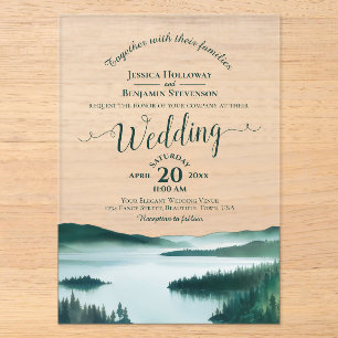 Friedlicher Bergsee Elegante Kalligrafie Hochzeit Acryleinladungen