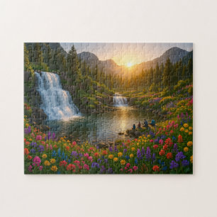 Friedlicher Bergwasserfall-Puzzle mit Sonnenaufgan
