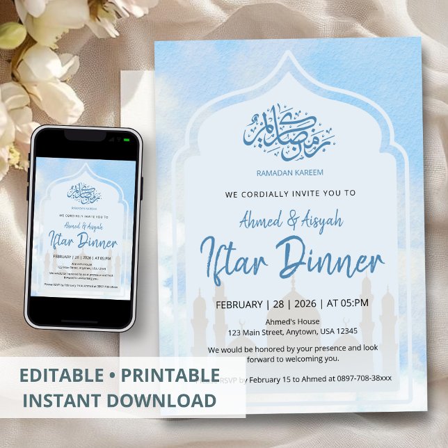 Friedlicher blauer Aquarell-Moscheebogen Iftar Einladung (Von Creator hochgeladen)