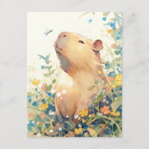 Friedlicher Capybara mit kleinem blauen Vogel Postkarte