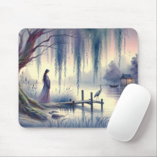 Friedlicher Fantasy-See mit Weide und Reiher Mousepad