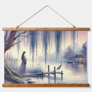 Friedlicher Fantasy-See mit Weide und Reiher Wandteppich Mit Holzrahmen