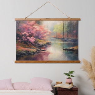 Friedlicher Fluss im Herbst Japanischer Wald Kunst Wandteppich Mit Holzrahmen