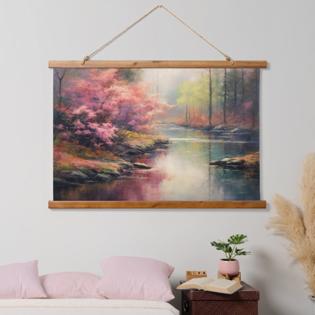 Friedlicher Fluss im Herbst Japanischer Wald Kunst Wandteppich Mit Holzrahmen (Schlafzimmer)