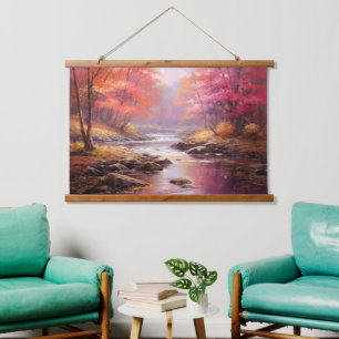 Friedlicher Fluss Morgens Herbst Japanische Kunst Wandteppich Mit Holzrahmen