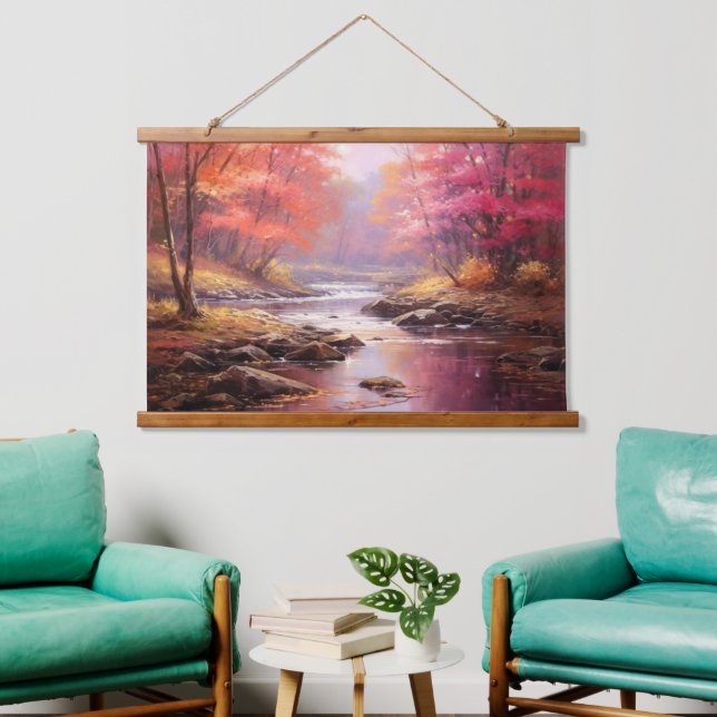 Friedlicher Fluss Morgens Herbst Japanische Kunst Wandteppich Mit Holzrahmen (Wohnzimmer)
