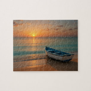 Friedlicher goldener Sonnenuntergang mit Boot am S