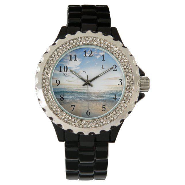 Friedlicher karibischer Tropenstrand und Vögel Armbanduhr (Vorderseite)