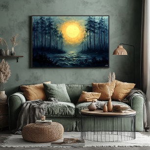 Friedlicher mondbeschienener Waldweg bei Vollmond Poster