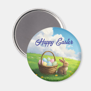 Friedlicher Ostervorfrühling-Wiese-Hase und Eierko Magnet
