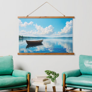 Friedlicher Seelandschaft mit Holzreihenboot Wandteppich Mit Holzrahmen