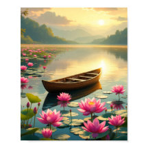 Friedlicher Seeuntergang mit Boot und Blumen