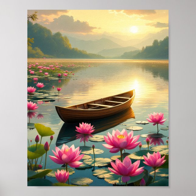 Friedlicher Seeuntergang mit Boot und Blumen Poster (Vorne)