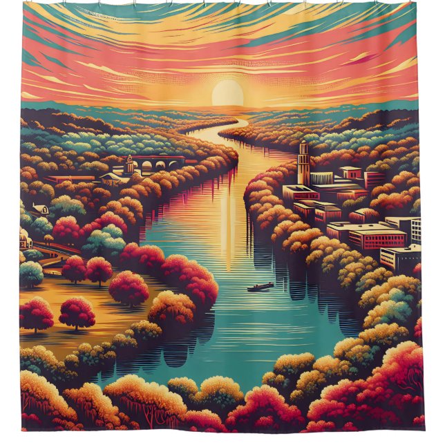 "Friedlicher Sonnenuntergang in Texas Hill" Duschvorhang (Vorderseite)