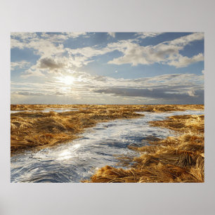 Friedlicher Sonnenuntergang über goldenem Kornfeld Poster