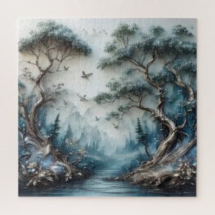 Friedlicher Waldfluss und fliegende Vögel