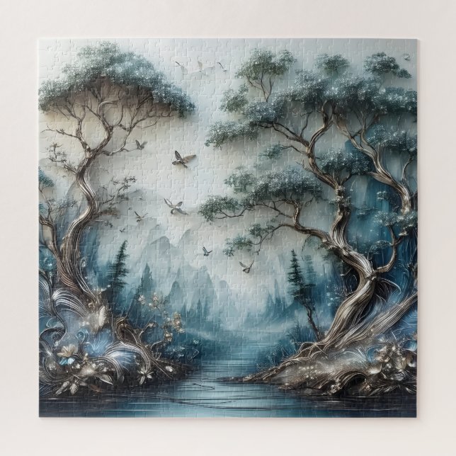 Friedlicher Waldfluss und fliegende Vögel (Vertikal)