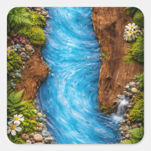 Friedlicher Waldstrom - Ruhige Natur Wasser Kunst Quadratischer Aufkleber