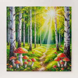 Friedlicher Waldweg mit sonnenbeschienenen Birken