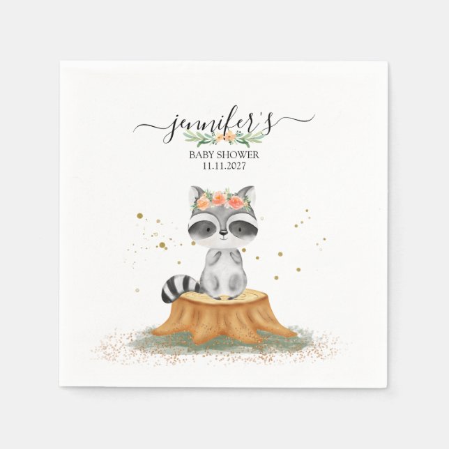 Friedlicher Waschbär-Wald-Baby-Party Serviette (Vorderseite)