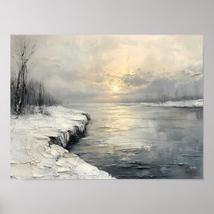 Friedlicher Winterfluss bei Sonnenaufgang, struktu Poster