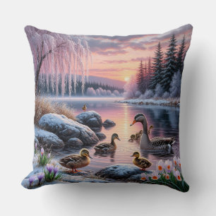 Friedlicher winterlicher Seeblick mit Enten Kissen