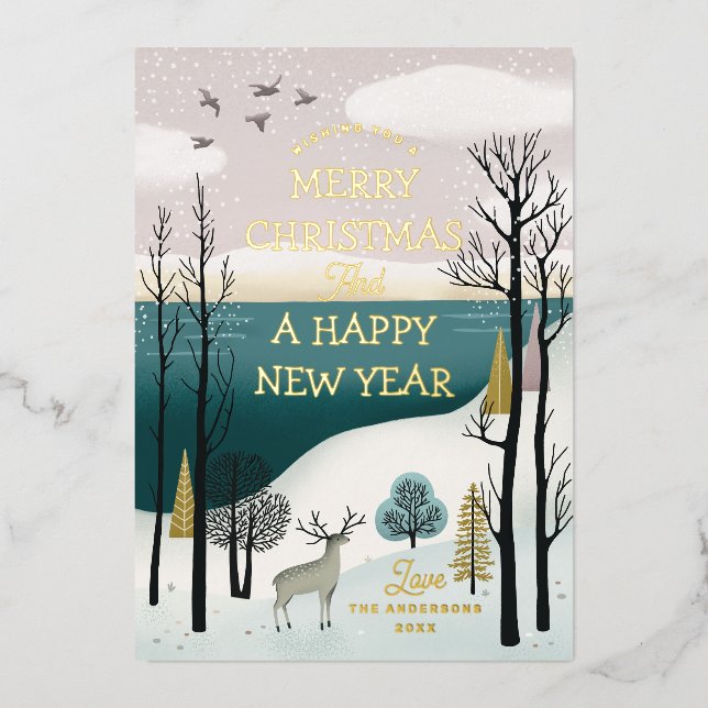 Friedlicher Winterwald & Rehe | Gold Weihnachten Folien Feiertagskarte (Vorderseite)