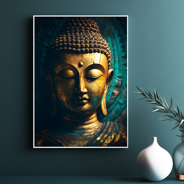 Friedliches Buddha Face Gold Poster (Peaceful Buddha Face Gold Blue Art Antique Poster)