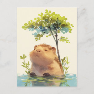 Friedliches Capybara im Wasser unter grünem Baum Postkarte