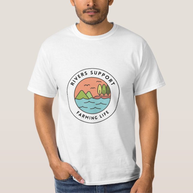 Friedliches Design der Orange Blue Retro River Far T-Shirt (Vorderseite)