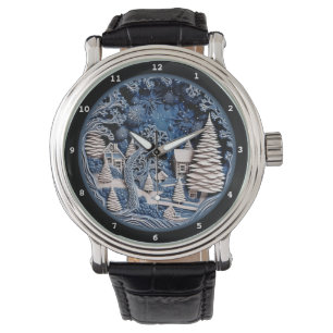 Friedliches Winterdorf im Mondlicht Armbanduhr
