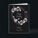Friend Birthday Bird and Butterflies Karte<br><div class="desc">Eine schöne,  runde,  helle Lavendel,  ein Blumenrahmen mit einem Vogel,  der auf dem Doppelkreis ruht,  und Schmetterlinge,  die auf einem schwarzen Hintergrund auffallen.</div>