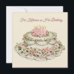Friend Birthday Card Vintage Blume Kuchen und Gedi Karte<br><div class="desc">Der bearbeitbare Text auf der Vorderseite lautet "Für [Name] an ihrem Geburtstag." Schöne Illustration eines zarten,  rosa und weißen Kuchens,  mit dunklen Blume und rosa Rosen dekoriert. Vintages Gedicht über Geburtstagswünsche auf der Rückseite.</div>