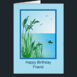 Friend Birthday Sea Fishing<br><div class="desc">Eine schöne Meeresfischszene. Eine wunderbare Geburtstagskarte für einen Freund, der zum Angeln Liebe, oder einfach nur das Meer Lieben. Große Gräser bieten einen Blick auf einen ruhigen Ozean mit einem kleinen Boot und einem Mann, der angeln möchte. Der innere Vers hat den Wunsch des Fischers nach 'engen Linien' viel Glück....</div>