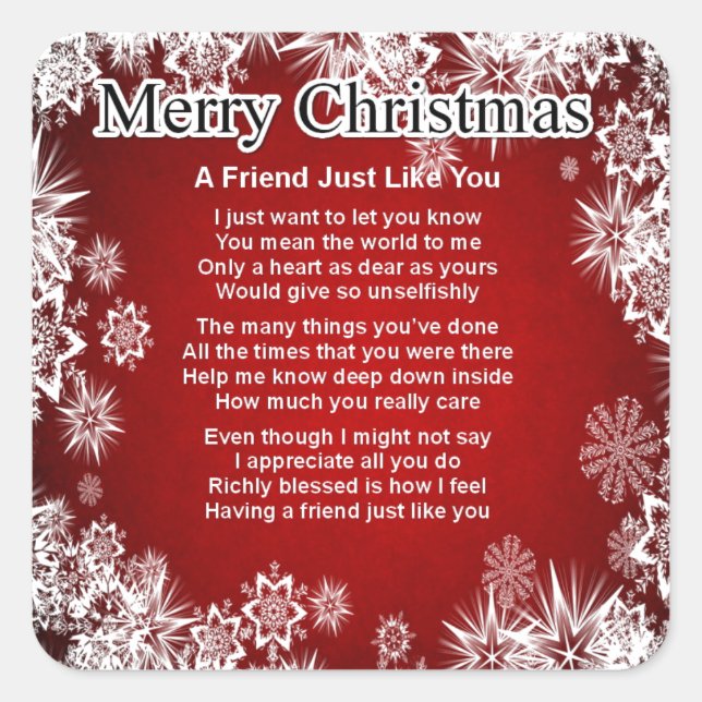 Friend Gedicht - Weihnachtsdesign Quadratischer Aufkleber (Vorderseite)