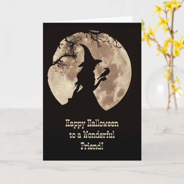 Friend Happy Halloween Cute Witch in the Moonlight Karte (Gelbe Blume)