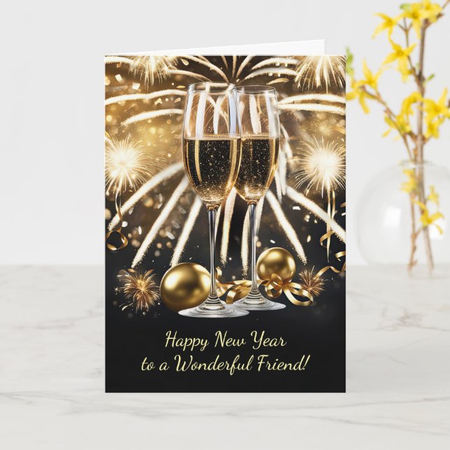 Friend Happy New Year Champagne Bubbly Feuerwerk Karte (Gelbe Blume)
