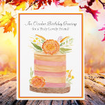 Friend Oktober Geburtstag Marigolds auf Cake Karte<br><div class="desc">Dieser im Oktober in Aquarellfarbe gebackene Geburtstagskuchen ist in sanften Rosa und warmen Golden gehalten, schön dekoriert mit kräftigen Marigolds, die Blume des Monats, zusammen mit zarten Akzenten von Goldenstangen, Scabiosa Pods und frischer Vegetation auf einem rustikalen Holzkuchenschild. Ein schönes Design, um den besonderen Tag eines lieben Freundes zu feiern....</div>