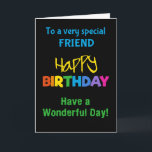 Friend Rainbow Colors on Black Birthday Card Karte<br><div class="desc">Eine farbenfrohe Geburtstagskarte für einen Freund,  mit bunten Schriftzeichen auf schwarzem Hintergrund,  dem Wort "glücklich" in Gelb und dem Wort "Geburtstag" in Regenbogenfarben.</div>