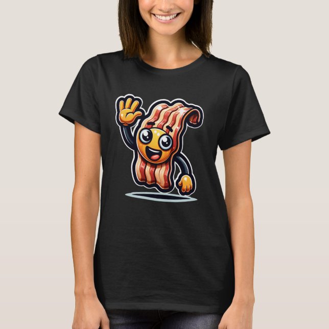 Friendly Cartoon Bacon Character Waving Animated F T-Shirt (Vorderseite)
