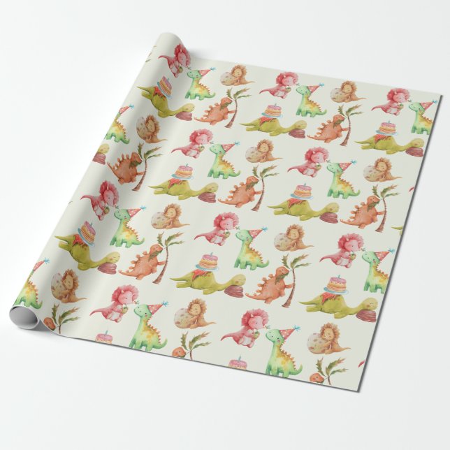 Friendly Dinosaurs Greenery Wrapping Paper Geschenkpapier (Ungerollt)