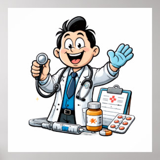 Friendly Doctor Mascot Medical Cartoon Design Poster