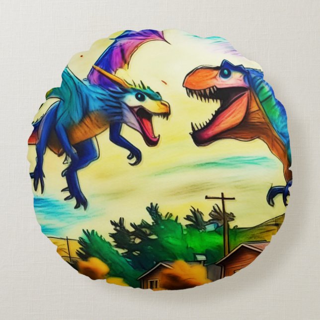 Friendly Encounter - Dragon and Dinosaur Rundes Kissen (Vorderseite)