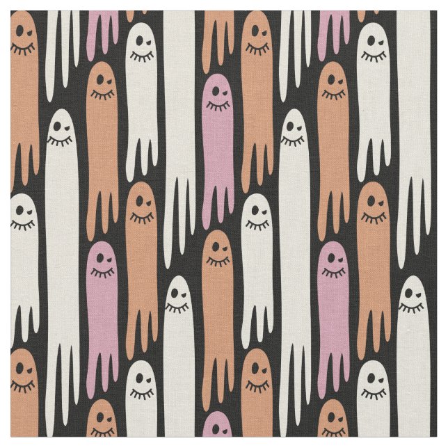 Friendly Ghosts Retro-Farben auf Schwarz – Hallowe Stoff (Nahaufnahme)