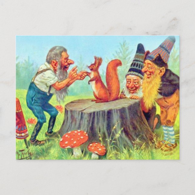 Friendly Gnomes Beobachten Sie ein Eichhörnchen Postkarte (Vorderseite)