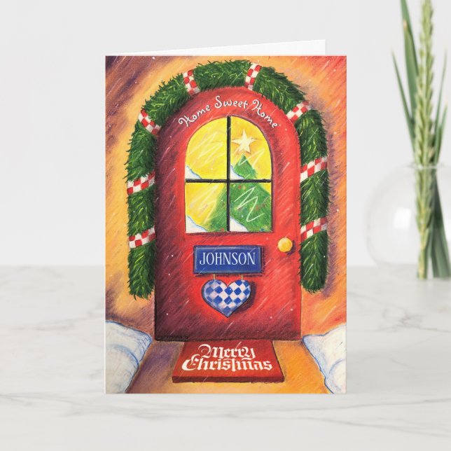 Friendly Red Merry Christmas Front Door Gemütliche Karte (Vorderseite)
